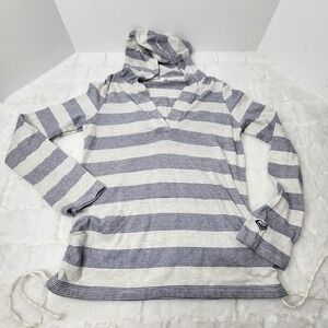 ROXY Women Hoodie Medium Gray White Striped Ruched Sides V Neck Pullover Pocket